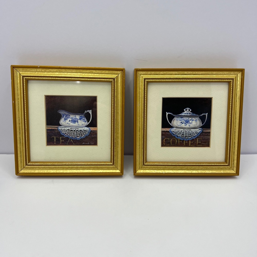 Arnie R Fisk Gold Framed Mini Art Prints 6 Inch Set 2 Tea Coffee Grandmillennial